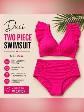 Daci Hot Pink Ruffle Sleeve High Waisted Bikini Swimsuit Plus Size 22W